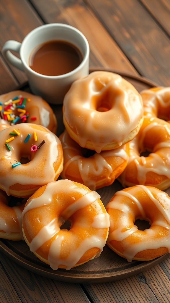 Freshly glazed donuts on a wooden table with sprinkles and a cup of coffee.